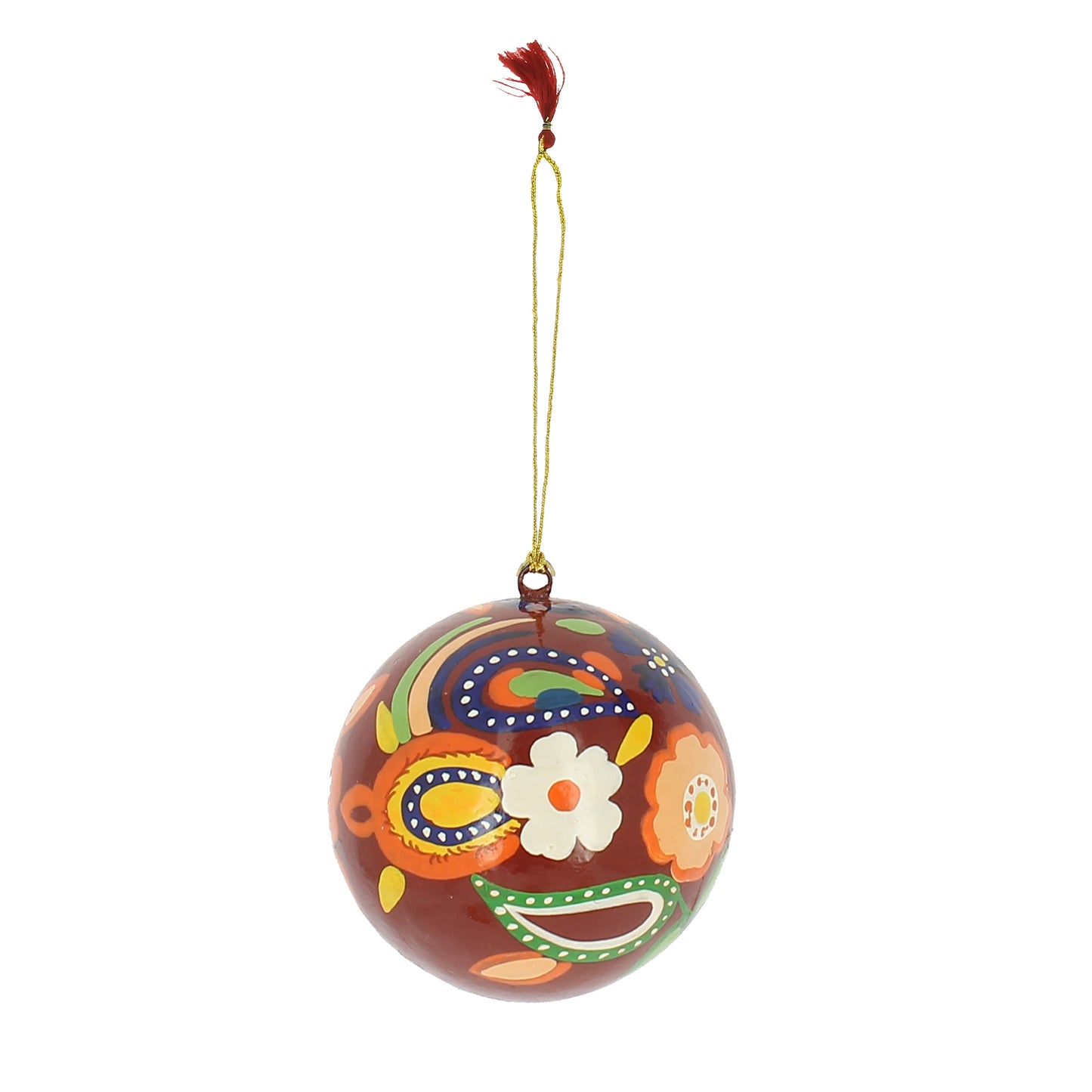 Dark Red Paper Mache Bauble with Paisley Design