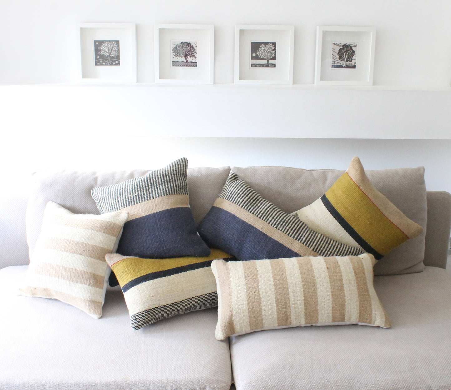 Jute Rectangle Cushion - Mustard, Cream & Black Stripes