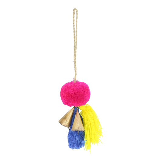 Bright Fuchsia Pompom with 2 Tassels and Bells (Lime/Blue)
