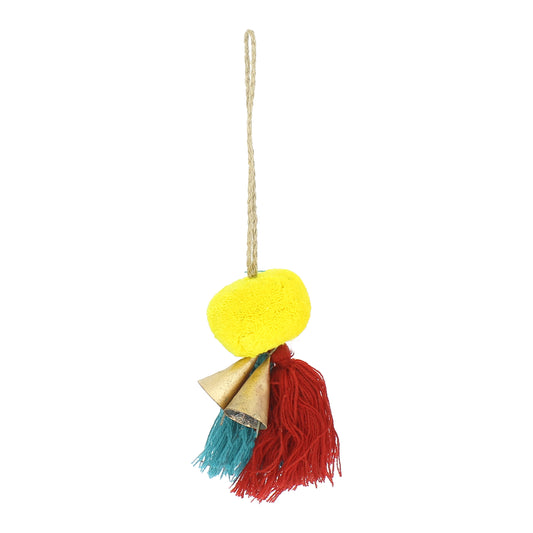 Bright Yellow Pompom with 2 Tassels and Bells (Dark Red/Teal)