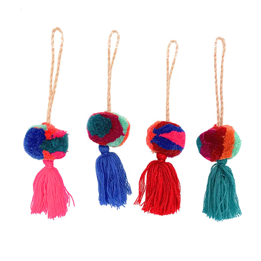 Bright Mini Marble Pompoms with Tassels - Set of 4
