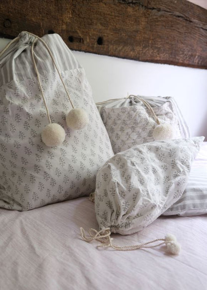 Drawerstring Storage Bag with Pom-Poms - Grey