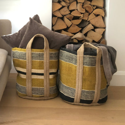 Jute Storage Bag - Mustard, White and Black Stripe
