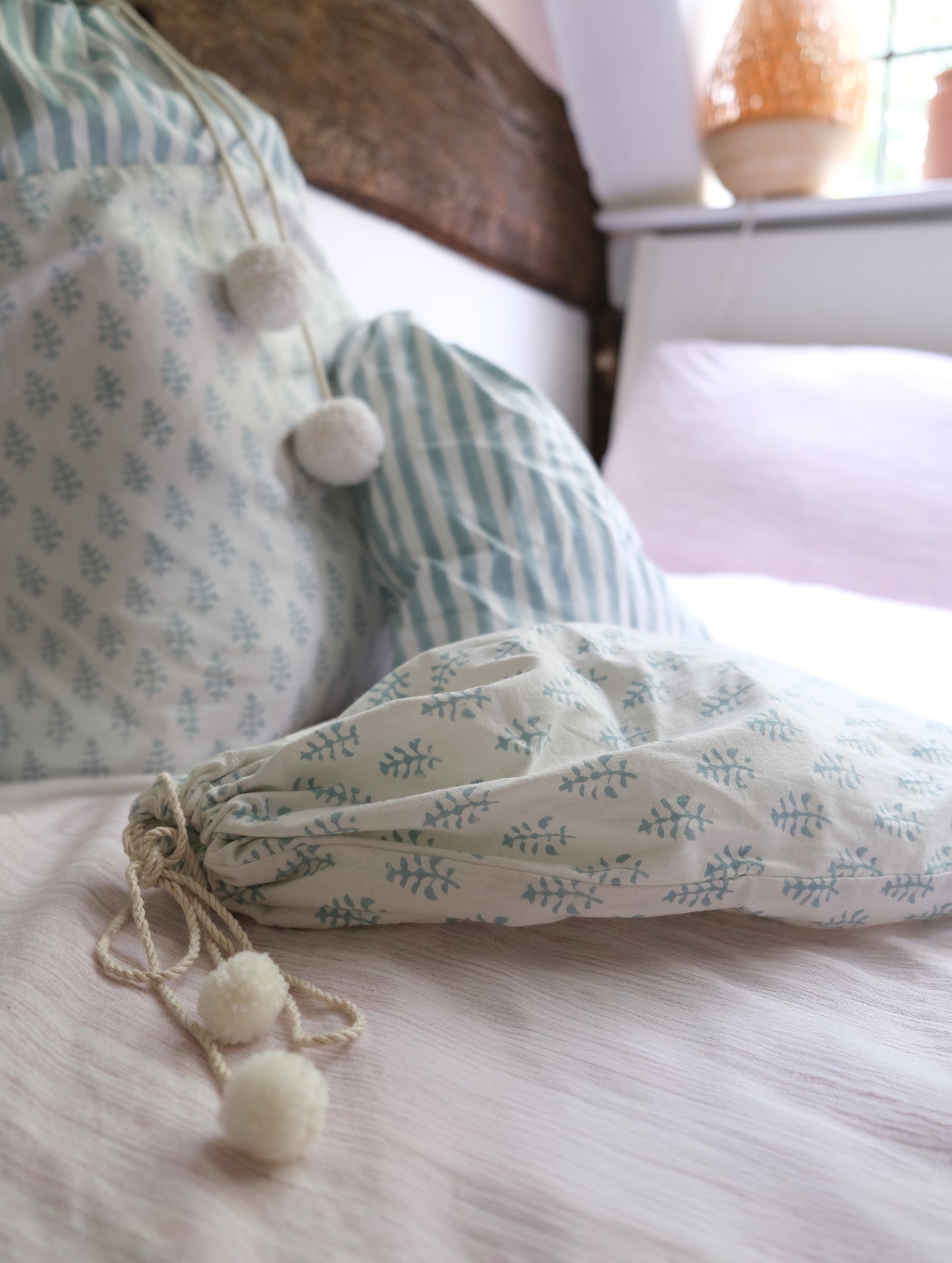 Drawerstring Storage Bag with Pom-Poms - Blue